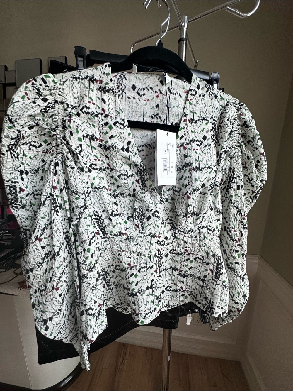IRO White Printed Puff-Sleeve V-Neck Blouse with Green and Black Accents Silk